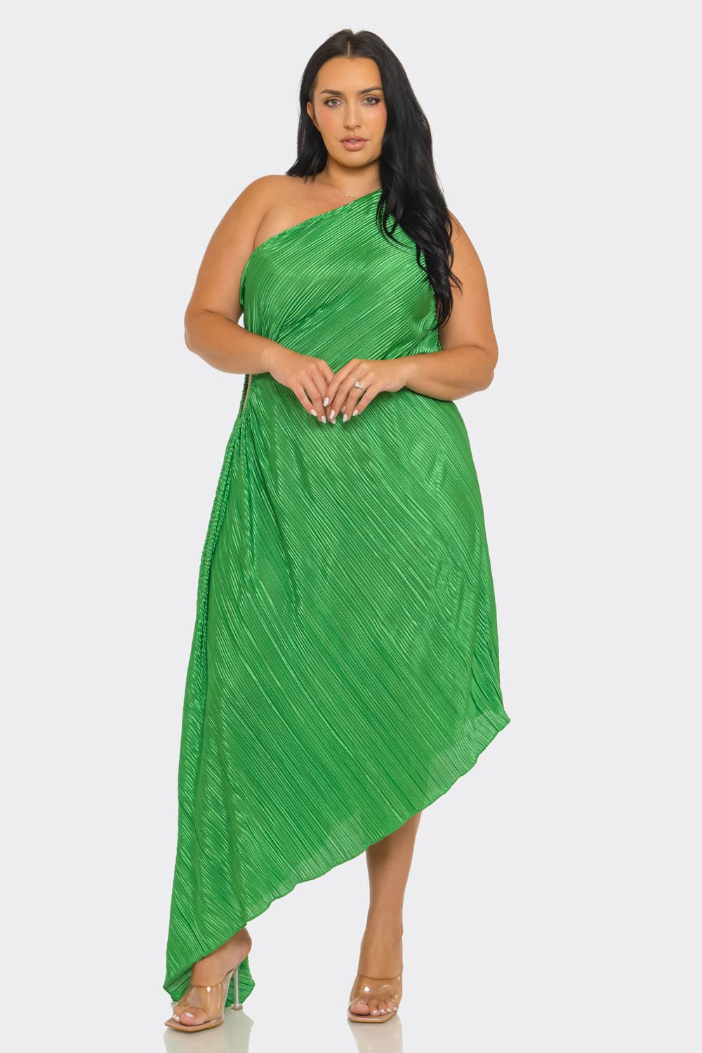 plus size asymmetric pleated dress Final Sale Plus Size Satin One Shoulder Asymmetric Pleated Dress with Chic And Curvy